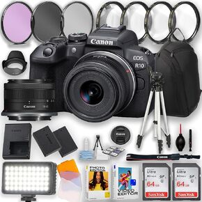 Canon EOS R10 Mirrorless Camera مع 18-45 مم هي Lens Lens + LED ضوء الفيديو ، بطاقات ذاكرة 2pc 64 جيجابايت ، برامج الصور والفيديو ، حقيبة الظهر ، ترايبود ، مرشحات وأكثر ، أسود (متجدد)