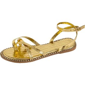 GORGLITTER Women's Gold Strappy Flat Sandals Metallic Dressy Open Toe Thong Sandals Flats