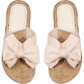 OYOANGLE Women's Bow Sandals Open Toe Slip On Holiday Cute Flat Slides Sandal