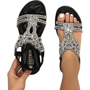 ZBYY Womens Flats Sandals Bohemia Rhinestone Open Toe Elastic Ankle Strap Sandals Summer Comfortable Beach Shoes Sandals