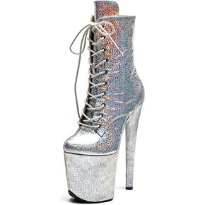 WUXIN H&P Women's Exotic High Heel Pole Dance Ankle Boots Short 8 Inch Holographic Silver Sexy Platform Lace-up Stiletto Fashion Custom Color Round Toe 20CM Dress Shoes