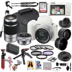 Sony ZV-E10 II Mirrorless Camera (White) + Sony 16-50mm Lens (Silver) + Sony E 55-210mm (Silver), Wide Angle and Telephoto Lens, 64GB Memory, Filters, Tripod Kit, Deluxe Case & More (35pc)
