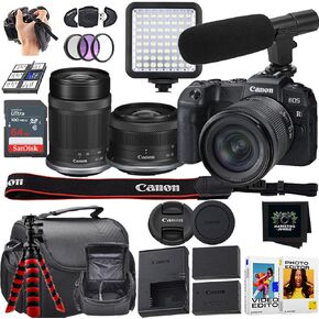 Canon EOS RP Lirrorless Camera + Canon RF-S 18-45mm f/4.5-6.3 هو عدسة STM + Canon RF-S 55-210mm f/5-7.1 هي عدسة STM + 64 جيجابايت من بطاقة ذاكرة Sandisk + أكثر (حزمة 19pc) (متجددة) (متجددة)
