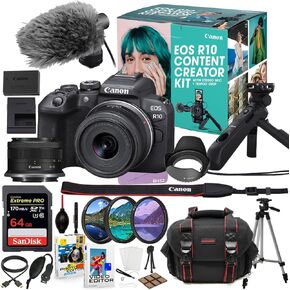 Canon EOS R10 Mirrorless Camera with 18-45mm Lens Content Vlogging Kit with DM-E100 Microphone & HG-100TBR Tripod Grip + 64GB Extreme Accessory Bundle (35 Items) (Renewed)