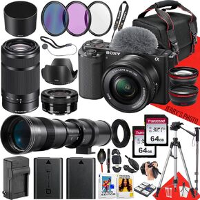 Sony ZV-E10 Mirrorless Camera with Sony E PZ 16-50mm F/3.5-5.6 OSS Lens and Sony E 55-210mm f/4.5-6.3 OSS + 420-800mm Lens + 2PC 64 GB Memory + Extra Battery + More (36pc Bundle)