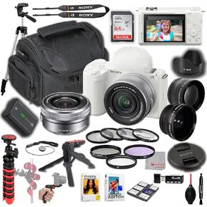 Sony ZV-E10 II (White) + 16-50mm Lens (Silver), Wide Angle and Telephoto Lens, 64GB Memory, Filters, Tripod Kit, Deluxe Case, Software & More – Pro Video Bundle (30pc)