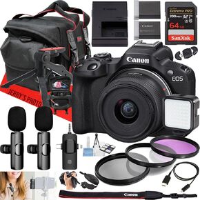 Canon EOS R50 كاميرا بدون مرآة مع RF-S 18-45mm f/4.5-6.3 هي عدسة STM + ميكروفونات Wireles المزدوجة + 64 جيجابايت ذاكرة + بطارية إضافية + مصباح LED + المزيد (حزمة Content Creator) (متجددة)