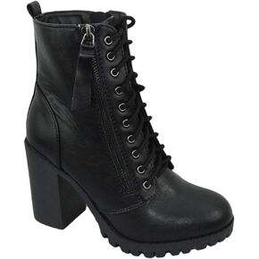 Soda Women Chunky High Heel Combat Army Military Riding Ankle Boots Lace Up Booties Malia-S Black 8