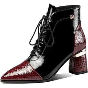 TinaCus Patent and Genuine Leather Women's Handmade Block Heel Pointed Toe Lace Up Ankle Boots