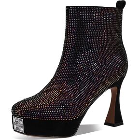 Platform Boots for Women Rhinestone Crystal Square Toe Winter Ankle Extra Wide Calf Booties Faux Suede Botas Para Mujer Dress Ladies Comfortable Elegantes 4 Inch High Heels