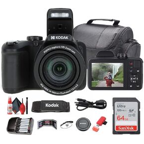 حزمة Kodak Pixpro AZ405 Digital Camera (AZ405BK) بما في ذلك: بطاقة ذاكرة 64 جيجابايت ، بطاريات قابلة لإعادة الشحن ، حالة ، حزام رقبة ، أغطية العدسة ، مجموعة تنظيف كاملة ، قارئ البطاقة ، محفظة البطاقة ، كابل USB ، حارس الغطاء
