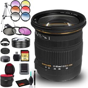 Sigma 17-50mm f/2.8 EX DC OS HSM Lens for Canon EF with Cleaning Kit, Tripod, 32GB Memory, Filters, and Padded Lens Case