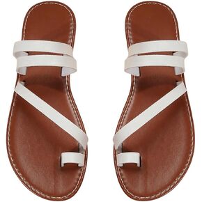 GORGLITTER Women's Strappy Toe Ring Flat Sandals 2025 Brown Dressy Summer Slides Shoes