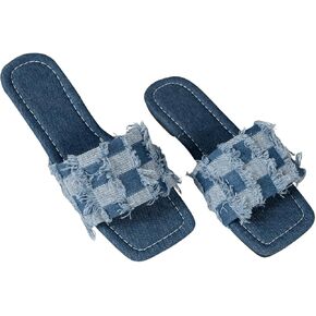 OYOANGLE Women's Denim Plaid Square Toe Flats Open Toe Non-Slip Slide Sandals Vintage Jean Slippers