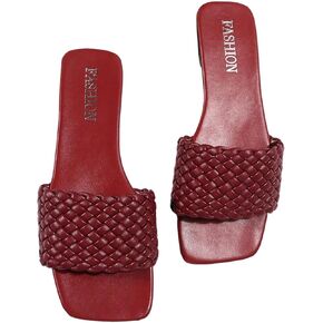 Women's Braided Flat Sandals Woven Square Open Toe Slip on Beach Slide Sandals