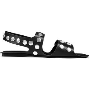 Studded Flats Sandals for Women Open Toe Backless Slide Sandals Adjustable Double Strap Shoes with Hidden Button Slip On Comfortable Casual Summer