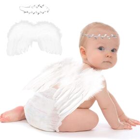 2PCS White Angel Wings With Leaf Headband For Newborn Infant Photography Props Soft Feather Wings For Kids Photo Outfits Baby Girls Costume(Color A, One Size)