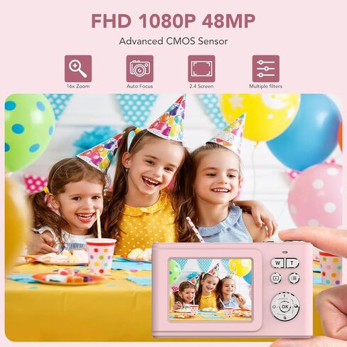 الكاميرا الرقمية للأطفال ، كاميرا 1080 بكسل FHD ، نقطة ضبط تلقائية التلقائي 48 ميجابكسل ، واطلاق النار على بطاقة Digital Camera 16x Zoom 32GB ، مع بطاريتين من هدايا الكاميرا المضغوطة الوردي للمراهقين الأولاد الفتيات in Saudi Arabia