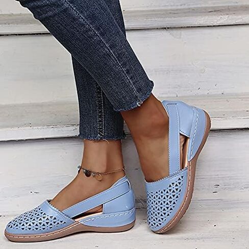Womens Hollow Ballet Flats Casual Round Toe Low Heels Comfortable Vintage Leather Dress Shoes Walking Mary Janes Platform Wedge Slip On Loafers Wide Retro Comfort Oxfords Ladies Travel Closed Sandals in Kuwait