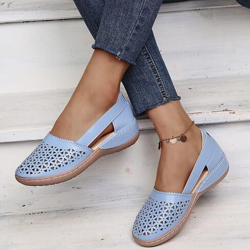 Womens Hollow Ballet Flats Casual Round Toe Low Heels Comfortable Vintage Leather Dress Shoes Walking Mary Janes Platform Wedge Slip On Loafers Wide Retro Comfort Oxfords Ladies Travel Closed Sandals in Kuwait