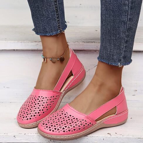Womens Hollow Ballet Flats Casual Round Toe Low Heels Comfortable Vintage Leather Dress Shoes Walking Mary Janes Platform Wedge Slip On Loafers Wide Retro Comfort Oxfords Ladies Travel Closed Sandals in Kuwait