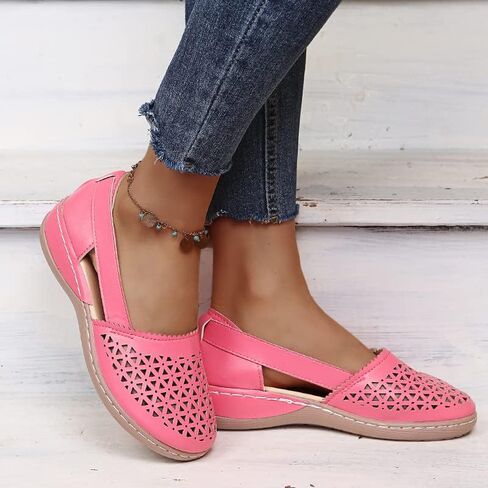 Womens Hollow Ballet Flats Casual Round Toe Low Heels Comfortable Vintage Leather Dress Shoes Walking Mary Janes Platform Wedge Slip On Loafers Wide Retro Comfort Oxfords Ladies Travel Closed Sandals in Kuwait