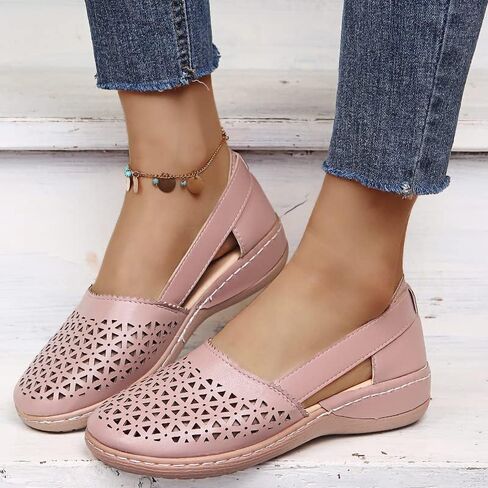 Womens Hollow Ballet Flats Casual Round Toe Low Heels Comfortable Vintage Leather Dress Shoes Walking Mary Janes Platform Wedge Slip On Loafers Wide Retro Comfort Oxfords Ladies Travel Closed Sandals in Kuwait