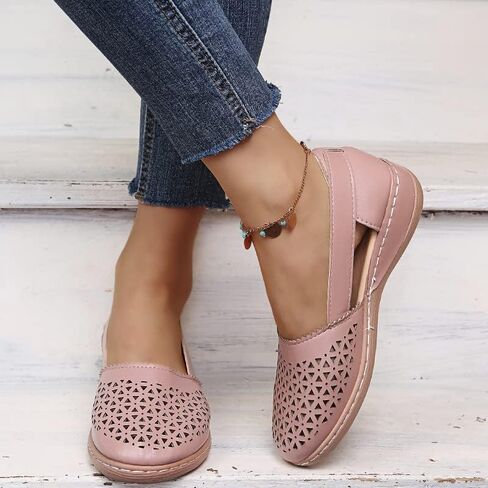 Womens Hollow Ballet Flats Casual Round Toe Low Heels Comfortable Vintage Leather Dress Shoes Walking Mary Janes Platform Wedge Slip On Loafers Wide Retro Comfort Oxfords Ladies Travel Closed Sandals in Kuwait