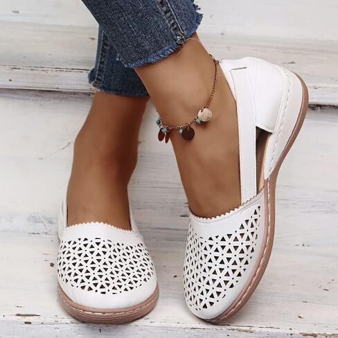 Womens Hollow Ballet Flats Casual Round Toe Low Heels Comfortable Vintage Leather Dress Shoes Walking Mary Janes Platform Wedge Slip On Loafers Wide Retro Comfort Oxfords Ladies Travel Closed Sandals in Kuwait