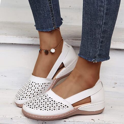 Womens Hollow Ballet Flats Casual Round Toe Low Heels Comfortable Vintage Leather Dress Shoes Walking Mary Janes Platform Wedge Slip On Loafers Wide Retro Comfort Oxfords Ladies Travel Closed Sandals in Kuwait