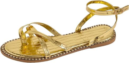 GORGLITTER Women's Gold Strappy Flat Sandals Metallic Dressy Open Toe Thong Sandals Flats in Saudi Arabia