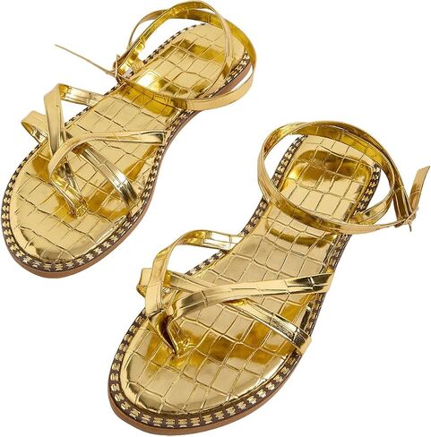 GORGLITTER Women's Gold Strappy Flat Sandals Metallic Dressy Open Toe Thong Sandals Flats in Saudi Arabia