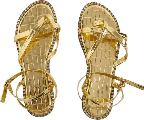 GORGLITTER Women's Gold Strappy Flat Sandals Metallic Dressy Open Toe Thong Sandals Flats in Saudi Arabia