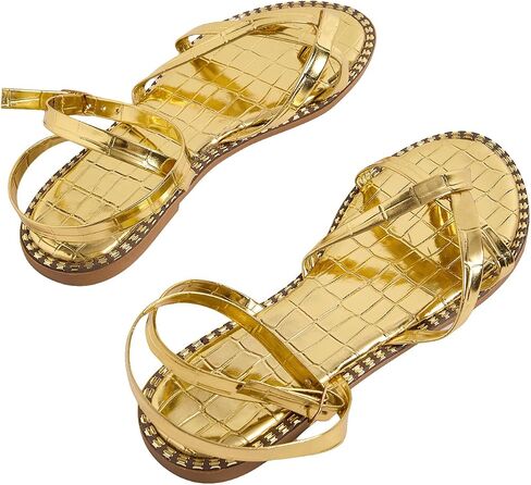 GORGLITTER Women's Gold Strappy Flat Sandals Metallic Dressy Open Toe Thong Sandals Flats in Saudi Arabia