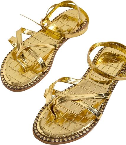 GORGLITTER Women's Gold Strappy Flat Sandals Metallic Dressy Open Toe Thong Sandals Flats in Saudi Arabia