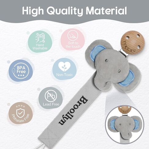 TYRY.HU Personalized Pacifier Clip with Name, Customize Pacifier Leash, Embroidery Ribbon Pacifier Holder for Girls and Boys, Universally Fit All Pacifiers & Baby Toys, Grey Elephant in Kuwait