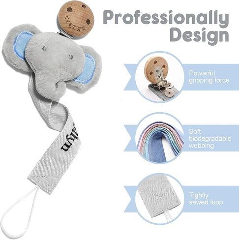 TYRY.HU Personalized Pacifier Clip with Name, Customize Pacifier Leash, Embroidery Ribbon Pacifier Holder for Girls and Boys, Universally Fit All Pacifiers & Baby Toys, Grey Elephant in Kuwait