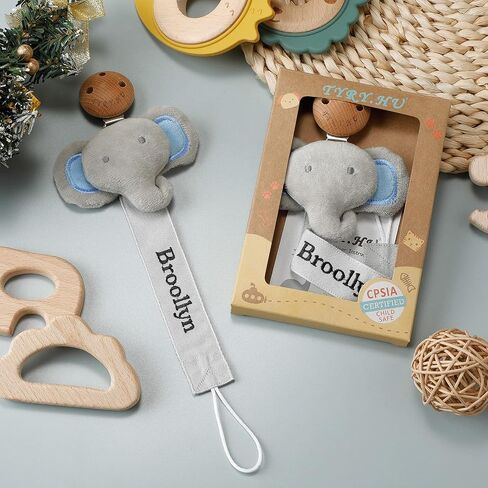 TYRY.HU Personalized Pacifier Clip with Name, Customize Pacifier Leash, Embroidery Ribbon Pacifier Holder for Girls and Boys, Universally Fit All Pacifiers & Baby Toys, Grey Elephant in Kuwait