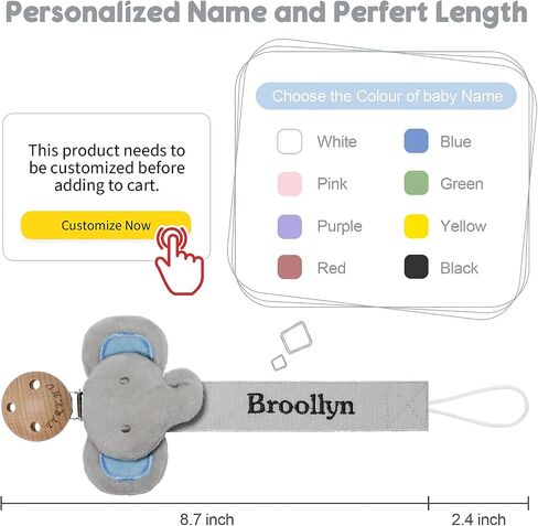 TYRY.HU Personalized Pacifier Clip with Name, Customize Pacifier Leash, Embroidery Ribbon Pacifier Holder for Girls and Boys, Universally Fit All Pacifiers & Baby Toys, Grey Elephant in Kuwait