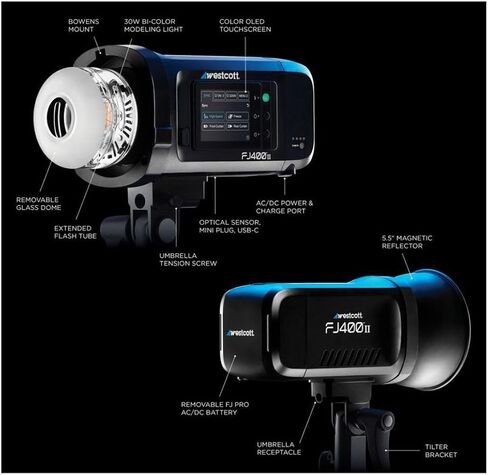 Westcott FJ400 II شاشة تعمل باللمس مع حزمة FJ Pro AC و DC بطارية (400 واط) مع بطارية ومحول طاقة ، مفتاح طبق الجمال (الفضة) ، مشغل فلاش لاسلكي ، والبطارية (5 عناصر) in Saudi Arabia