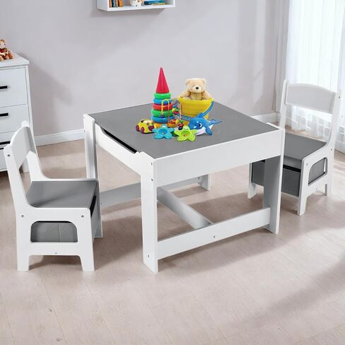 Arlopu Kids Table and Chair Set, 4 in 1 Wooden Activity Desk, w/Blackboard, Storage, 2 in 1 Tabletop for Toddlers Art Crafts Drawing Reading Playroom, Natural in Kuwait