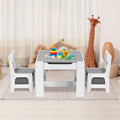 Arlopu Kids Table and Chair Set, 4 in 1 Wooden Activity Desk, w/Blackboard, Storage, 2 in 1 Tabletop for Toddlers Art Crafts Drawing Reading Playroom, Natural in Kuwait