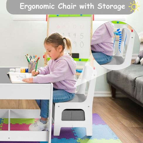 Arlopu Kids Table and Chair Set, 4 in 1 Wooden Activity Desk, w/Blackboard, Storage, 2 in 1 Tabletop for Toddlers Art Crafts Drawing Reading Playroom, Natural in Kuwait