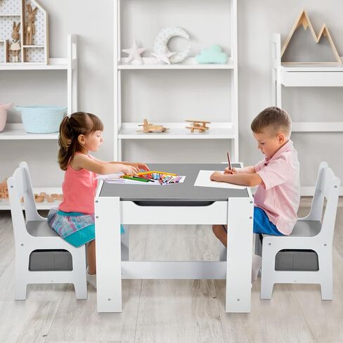 Arlopu Kids Table and Chair Set, 4 in 1 Wooden Activity Desk, w/Blackboard, Storage, 2 in 1 Tabletop for Toddlers Art Crafts Drawing Reading Playroom, Natural in Kuwait
