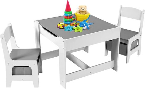 Arlopu Kids Table and Chair Set, 4 in 1 Wooden Activity Desk, w/Blackboard, Storage, 2 in 1 Tabletop for Toddlers Art Crafts Drawing Reading Playroom, Natural in Kuwait