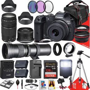 Canon EOS R7 Mirrorless Camera with 18-45mm, 75-300mm and 420-800mm Lens + 128 GB Memory + Hood + Monopod + Filters + Tripod + More (35pc Bundle), Black (Renewed)
