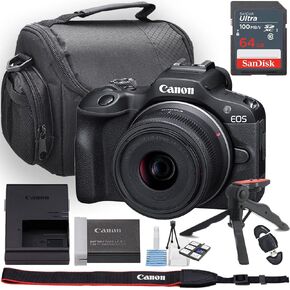 Canon EOS R100 Mirrorless Camera w/Canon RF-S 18-45mm f/4.5-6.3 is STM Lens + Camera Case + 64GB Memory + Deluxe Starter Kit + Hand Grip Stabilizer Tripod + More (14pc Bundle) (Renewed)