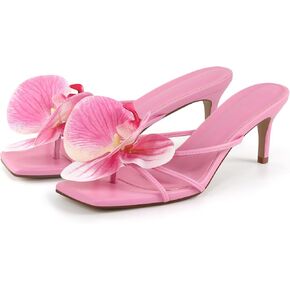 Flower Heels for Women Pink Slip On Strappy Heel Backless High-Heel with Flowers Sandals 2.3 inch Mules Floral Shoes Size 6