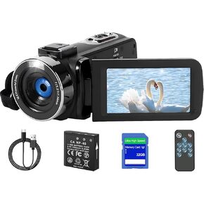 Camcorder Video Camera Full HD 1080P 48MP Camcorder for YouTube 3.0 Inch IPS Screen Vlogging Camera 16X Digital Video Camera Recorder with Remote Control, 32GB SD Card and Battery