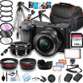Sony a6400 Mirrorless Camera with 16-50mm Lens + 128GB Memory + LED Video Light + Case+ Steady Grip Pod + Tripod + Filters + Lenses + Software -Accessory Bundle